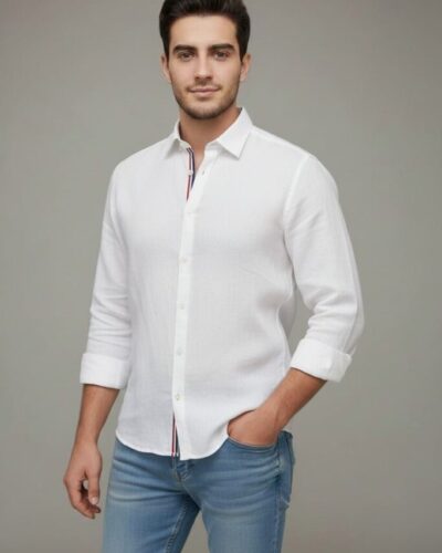 mazhka byala riza len pamuk slim fit